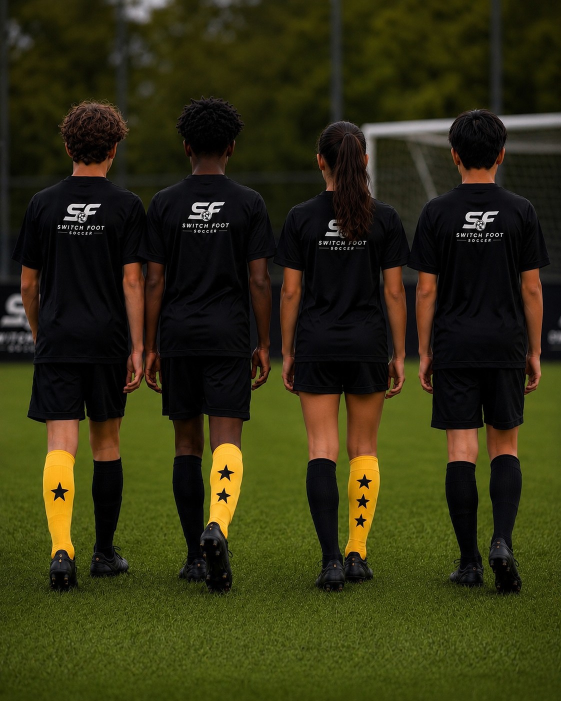 Four young players walking away from camera, wearing Switch Foot socks marked with one, two and three stars.