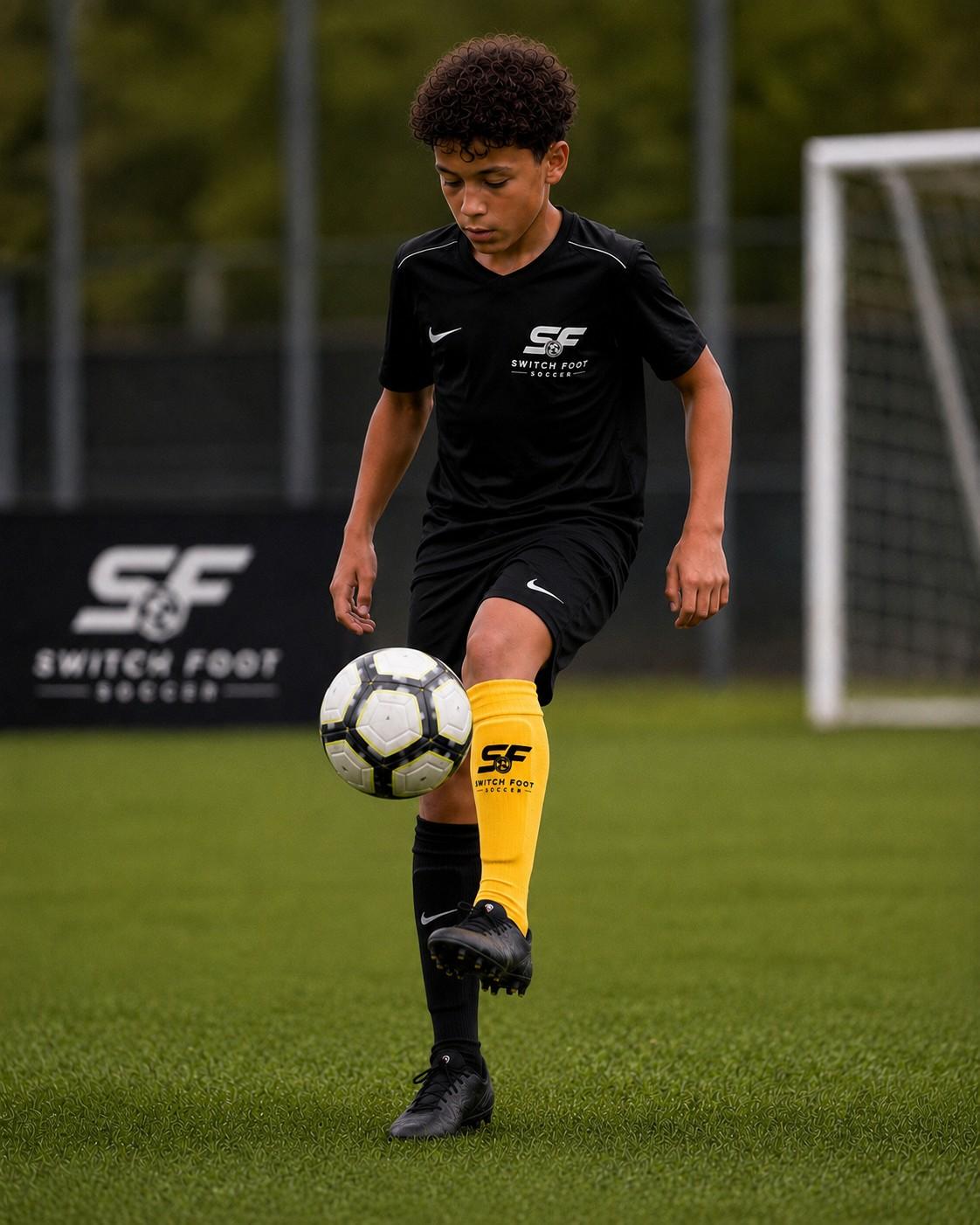 Player juggling a ball, wearing the yellow Switch Foot sock on the training foot.