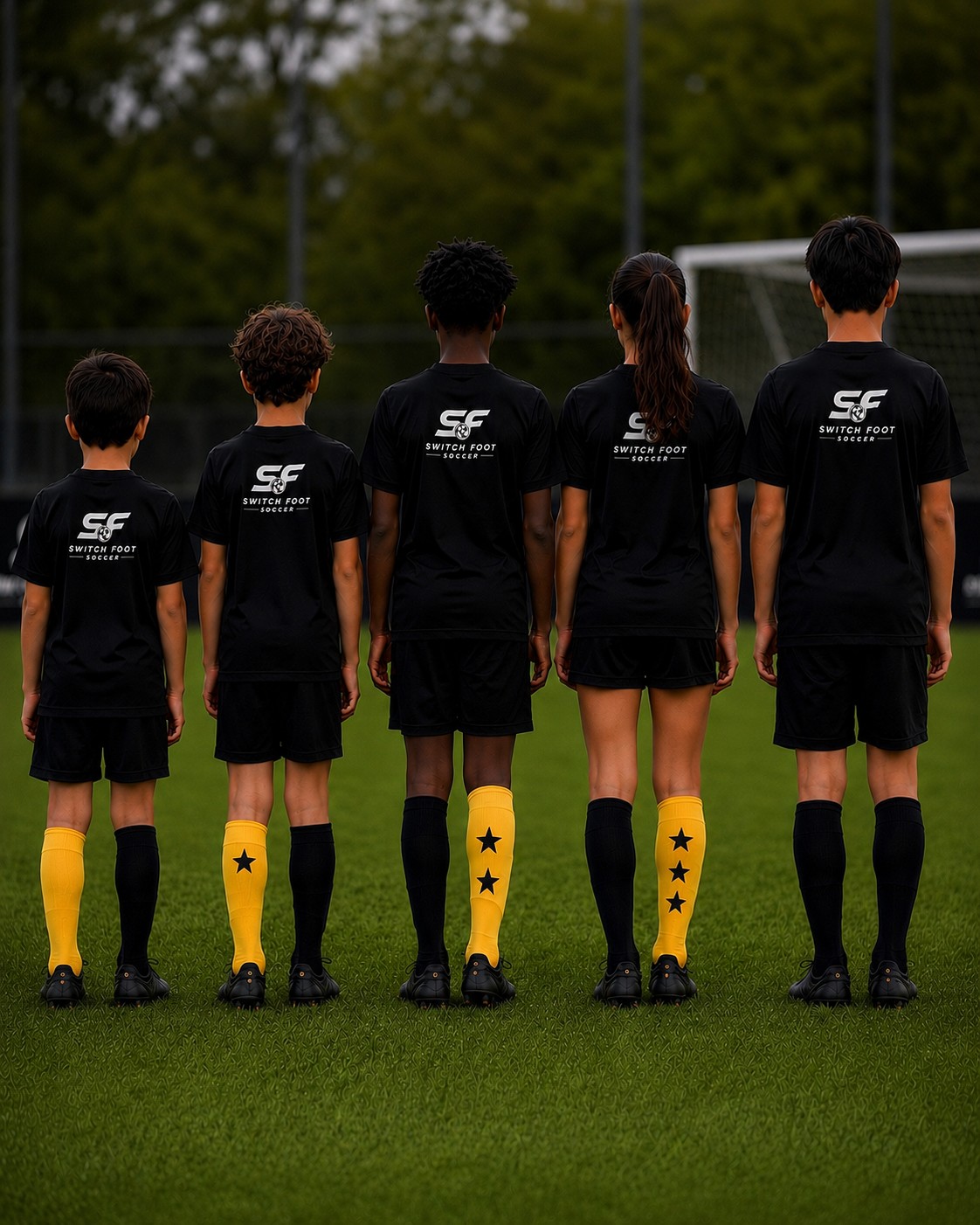 Five young players walking away from camera, wearing socks marked with zero, one, two and three stars, and a final all-black sock for graduated bilateral status.
