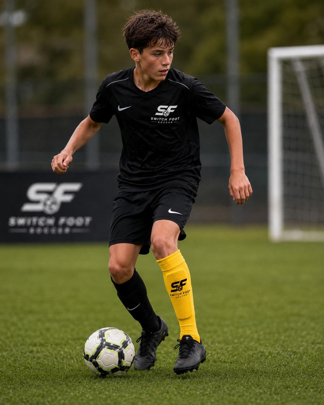 Player practising close control alone on the pitch, wearing a plain yellow Switch Foot sock.