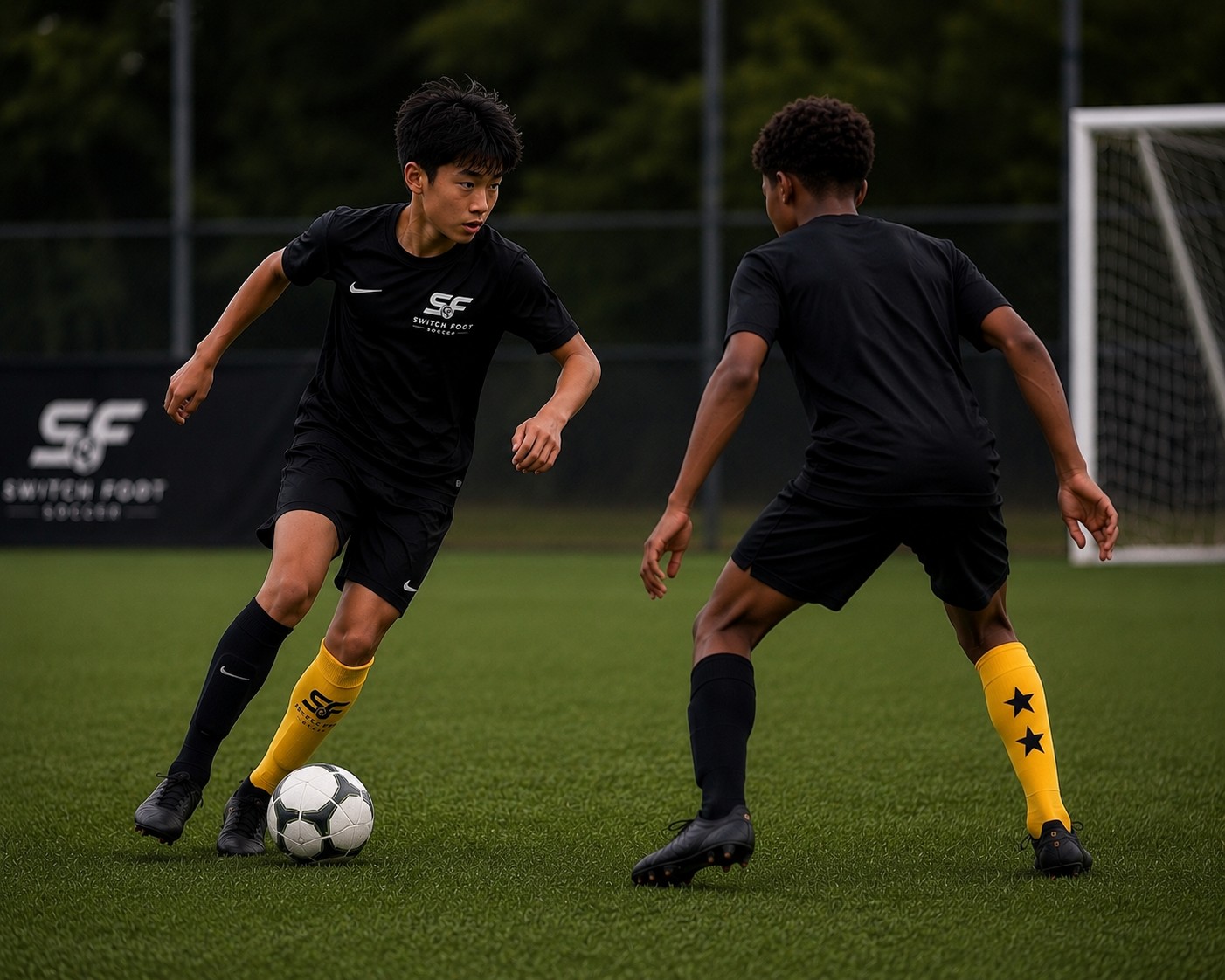 Two young players contesting the ball in a 1v1 duel, the defender wearing a Switch Foot sock marked with two stars.