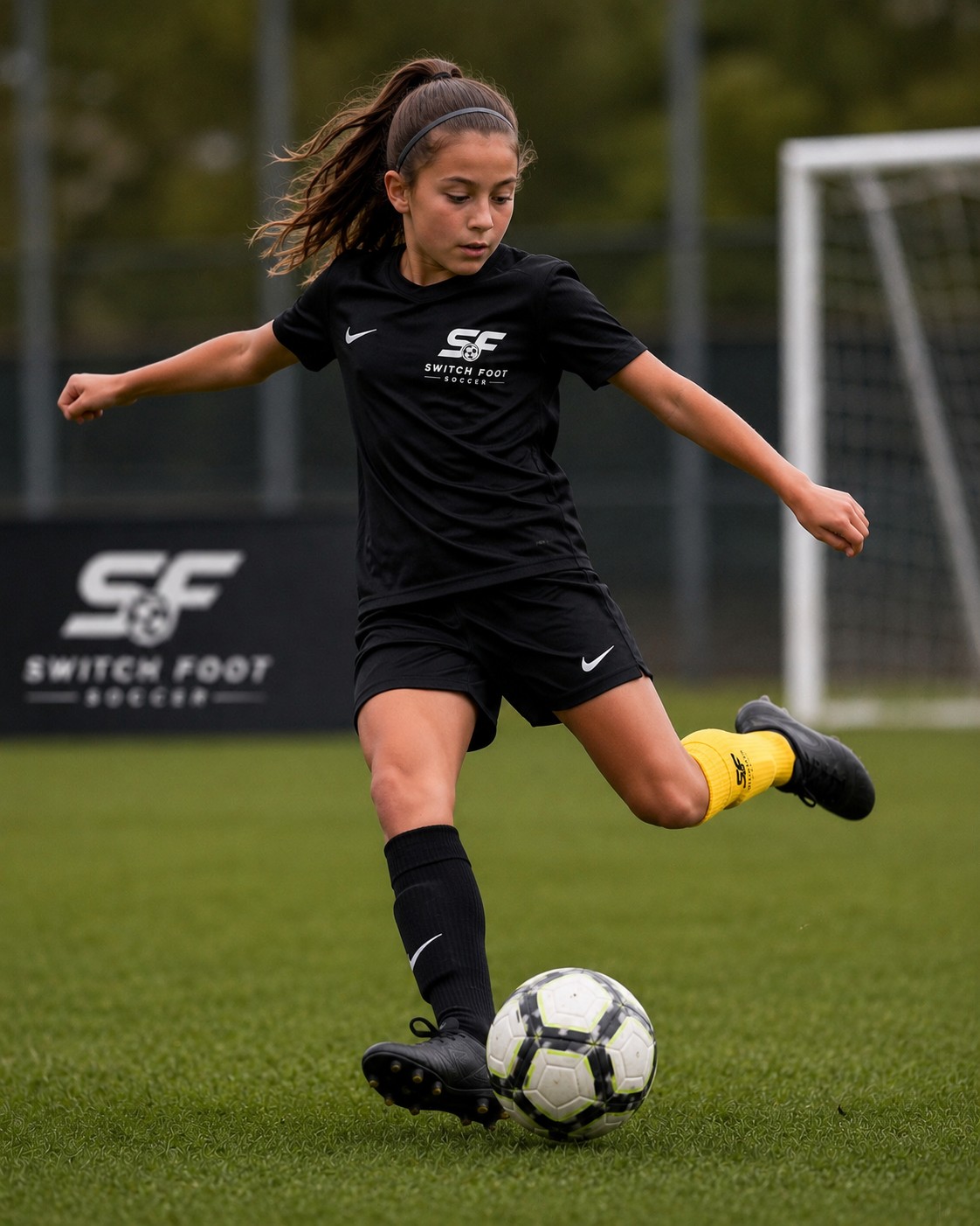 Player striking the ball confidently with their weaker foot during a match-style drill.