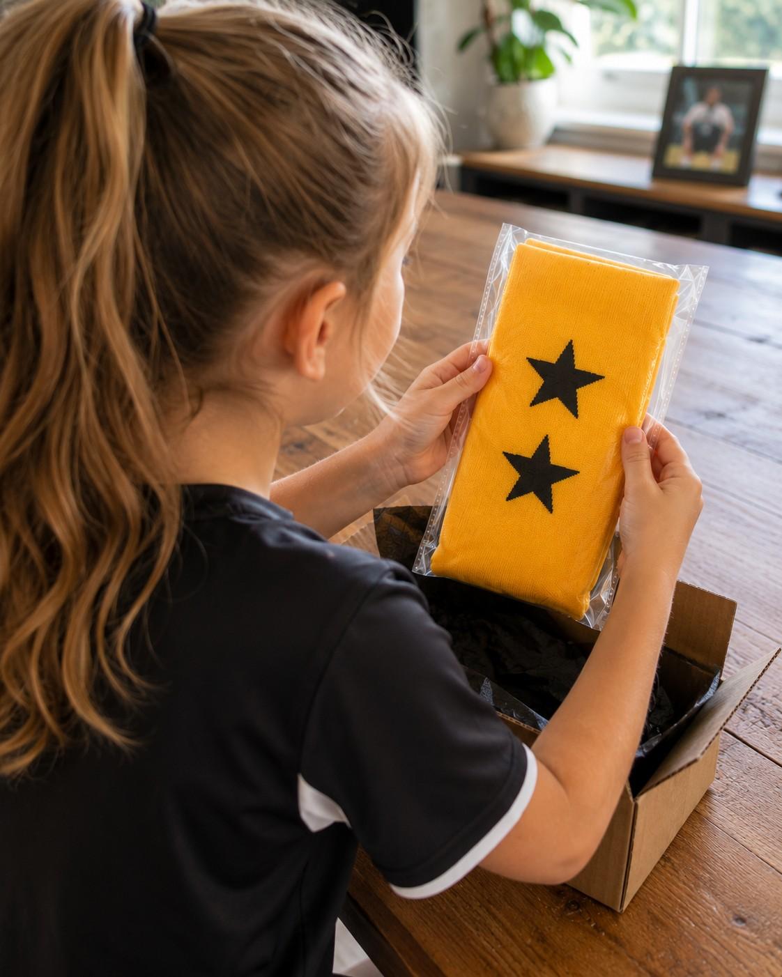 Young player unboxing a yellow Switch Foot sock marked with two stars.
